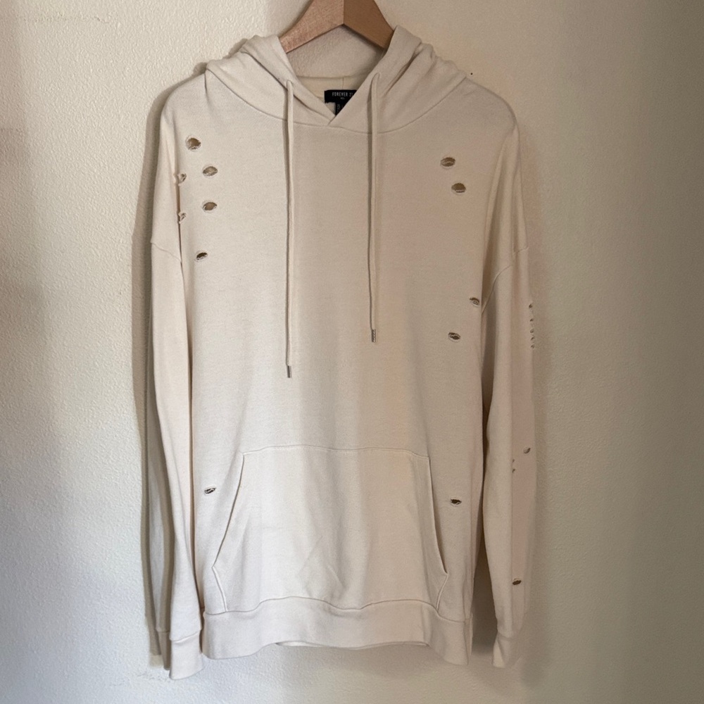 Forever 21 Men's Cream Distressed Hoodie